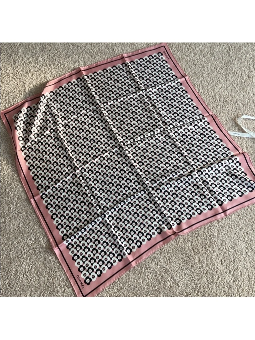 Chanel Pink & Black Logo Silk Scarf